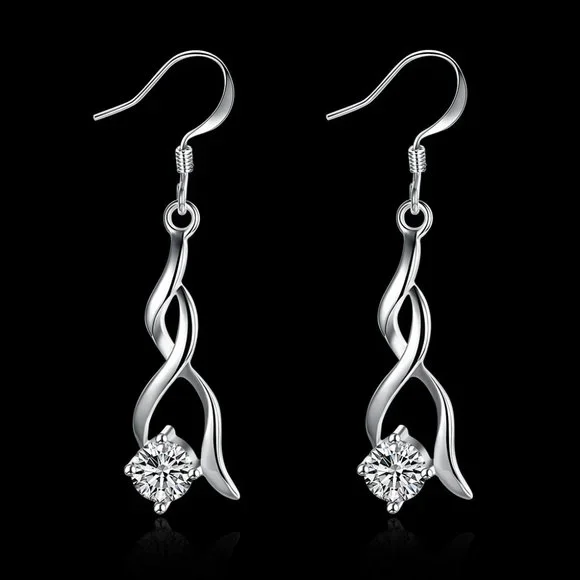 Very Cute Sterling Silver Small Twisted Drop Earrings CZ Stud " Hypoallergenic " - Picture 6 of 6